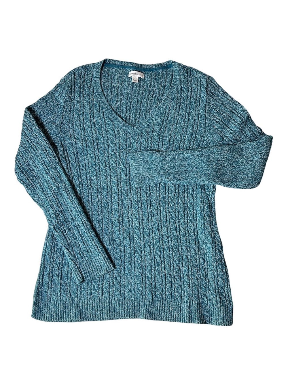 Croft & Barrow Teal Blue Cable Knit V-Neck Sweater Size Large Cotton Cottagecore